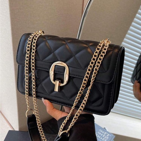 Elegant Black Quilted Vegan Leather Brown Chain Shoulder Bag